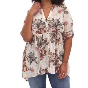 Torrid Ivory Sheer Chiffon Floral Metallic
Gold Dot High Low Tunic Top Sz 5/5X
